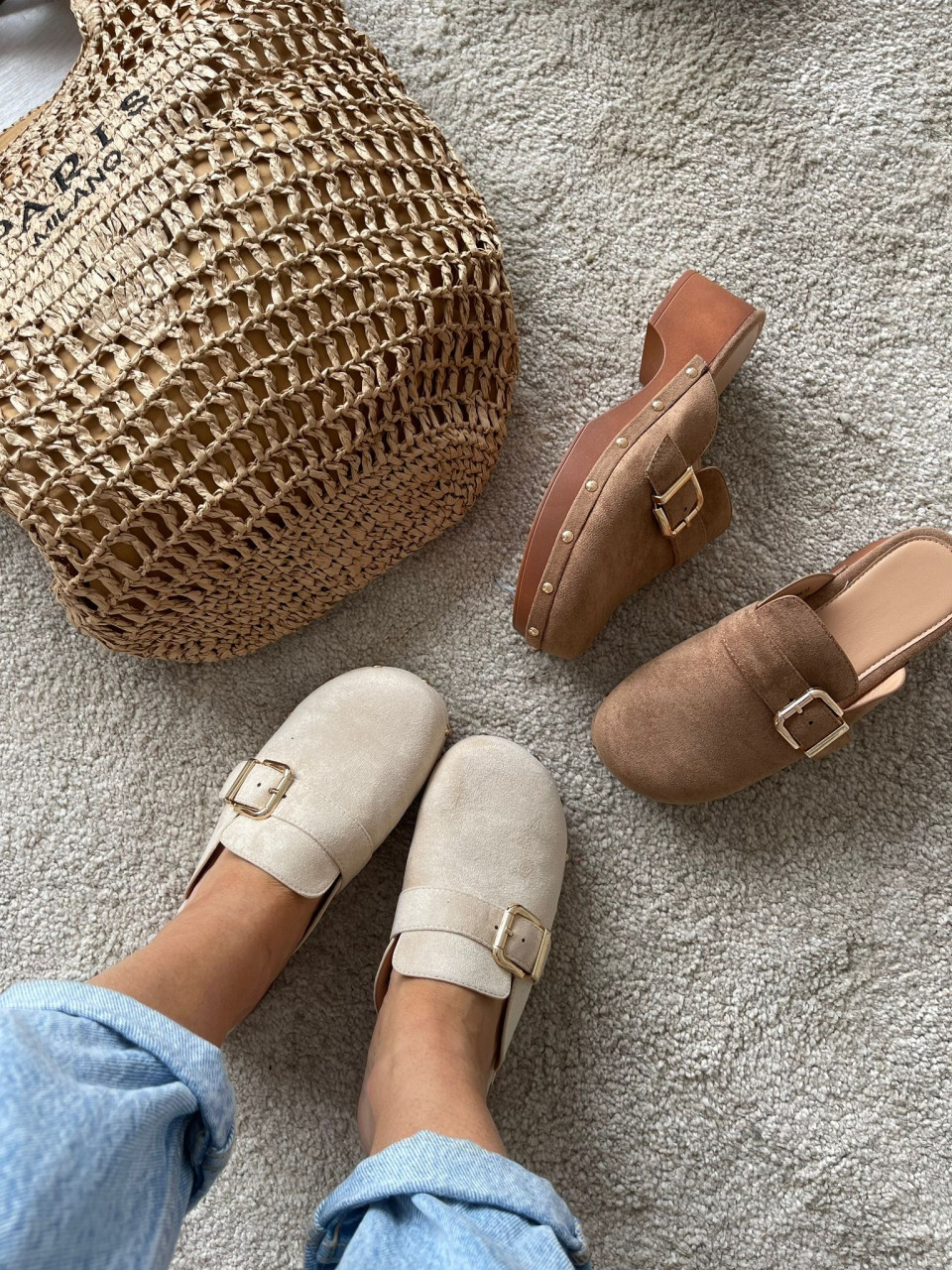 Chodaki zamszowe trepy beżowe ciemny bez