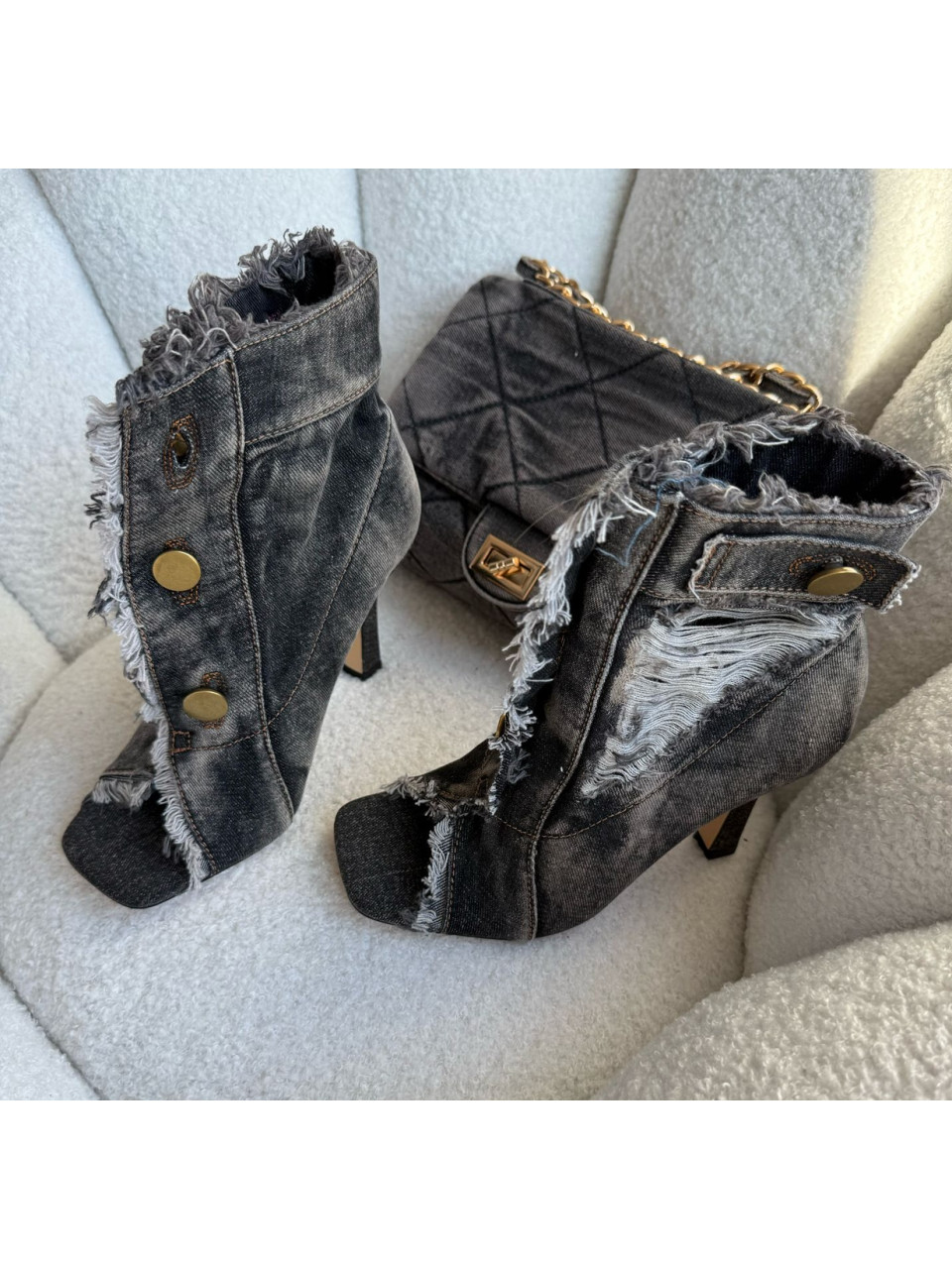 Czarne Jeansowe Botki Party open Toe