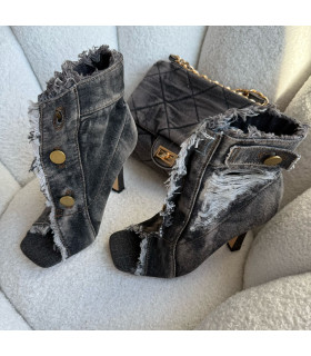 Czarne Jeansowe Botki Party open Toe