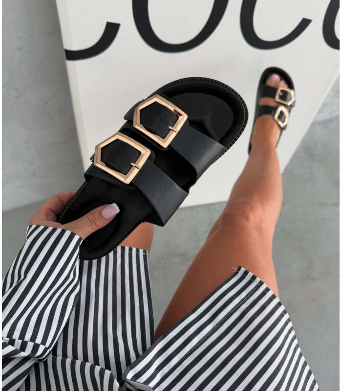 Klapki Czarne Złote Sprzączki
