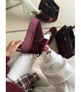 Ocieplane Skórzane śniegowce Wino