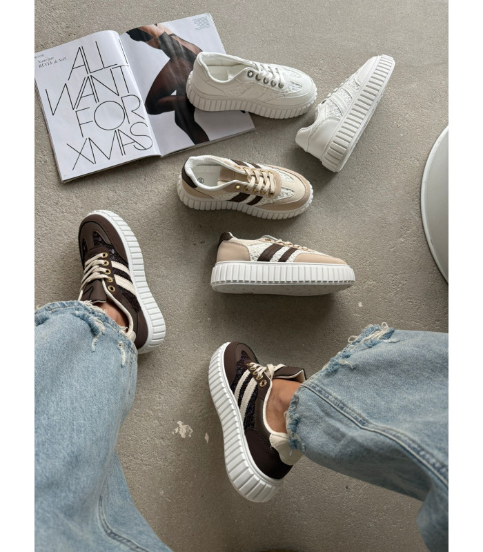 Sneakersy Na Platformie Z Koronką Beżowe