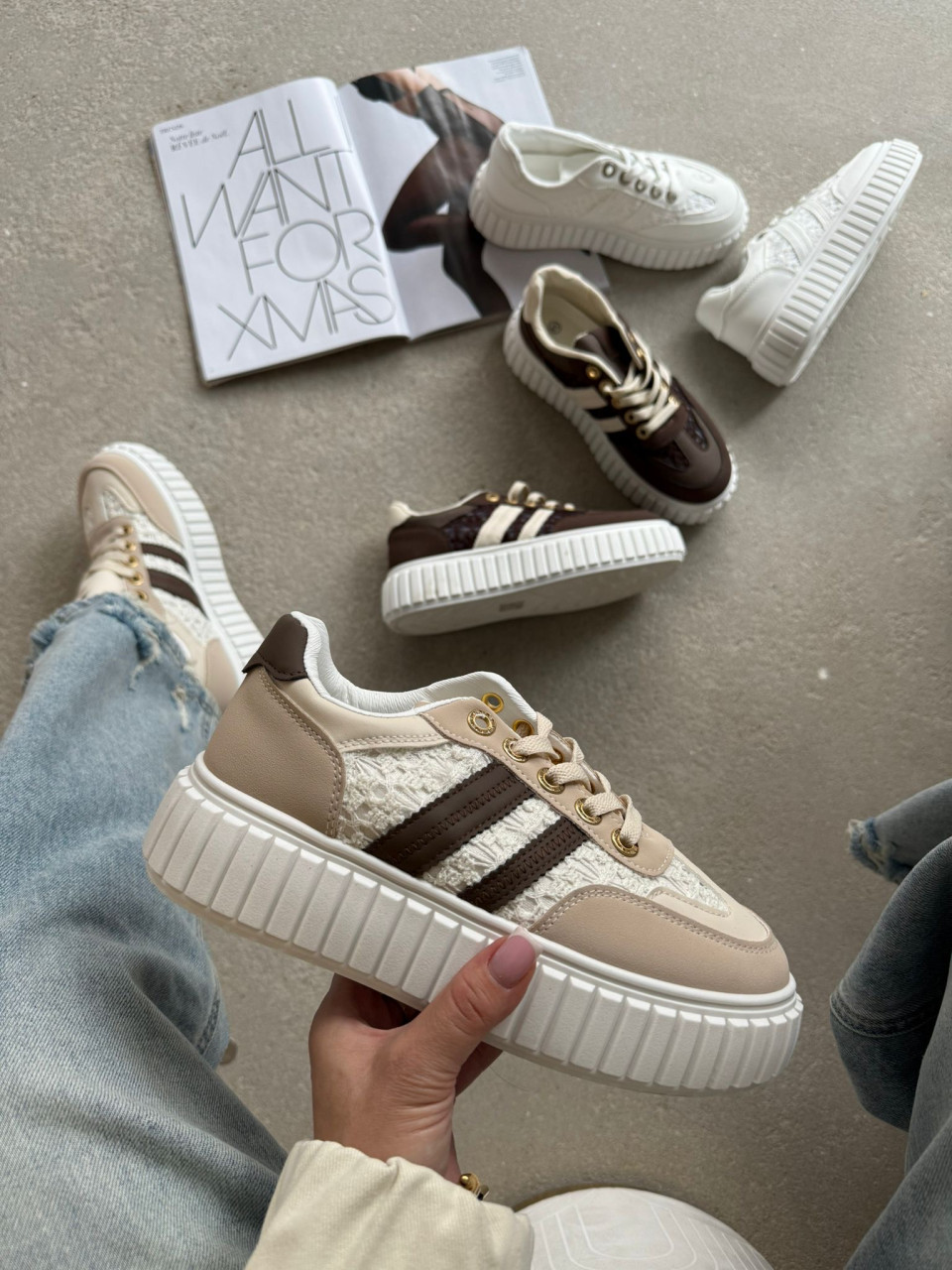 Sneakersy Na Platformie Z Koronką Beżowe