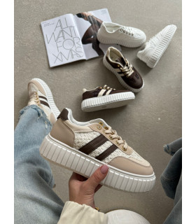 Sneakersy Na Platformie Z Koronką Beżowe