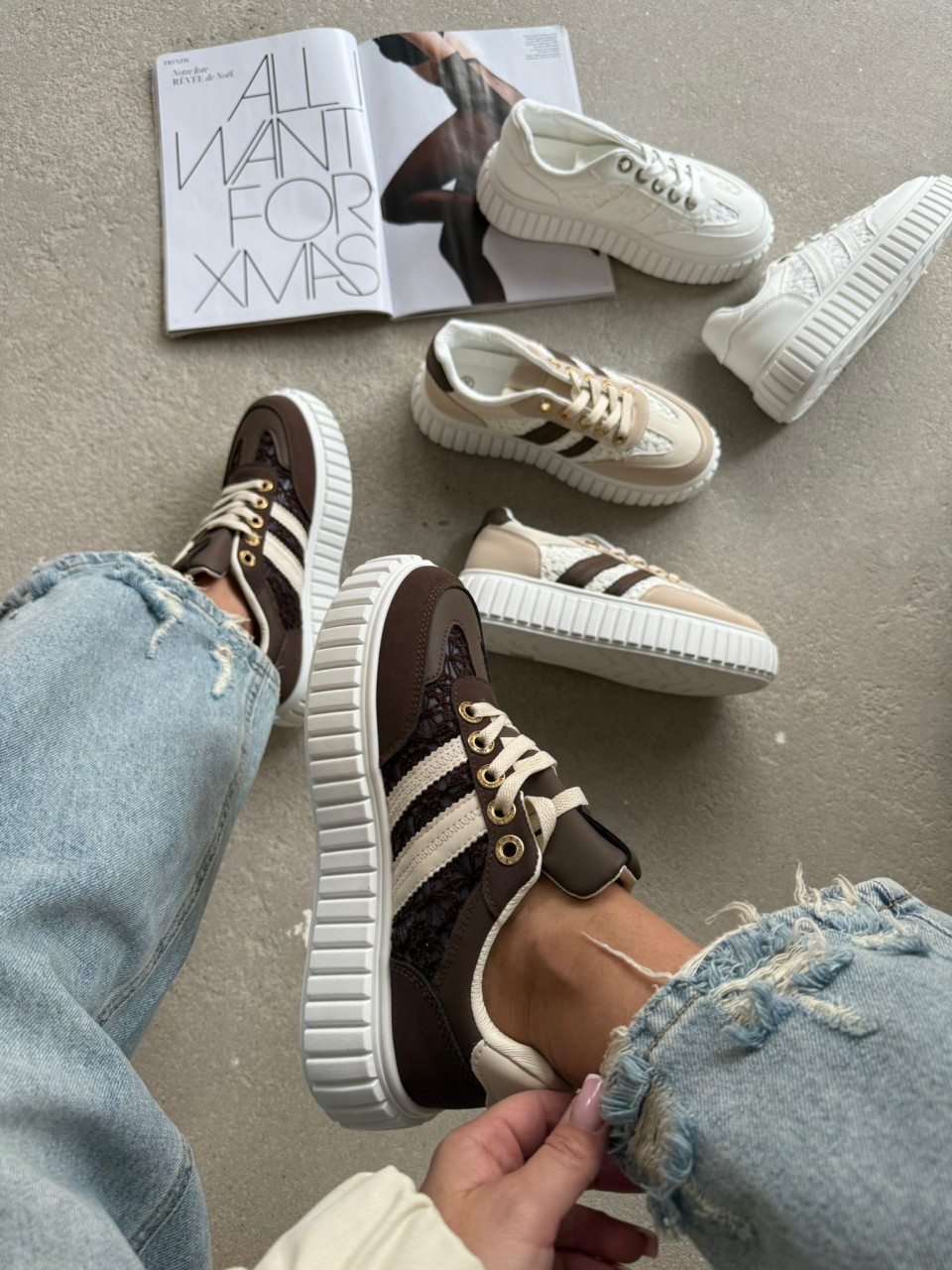 Sneakersy Na Platformie Z Koronką Brązowe