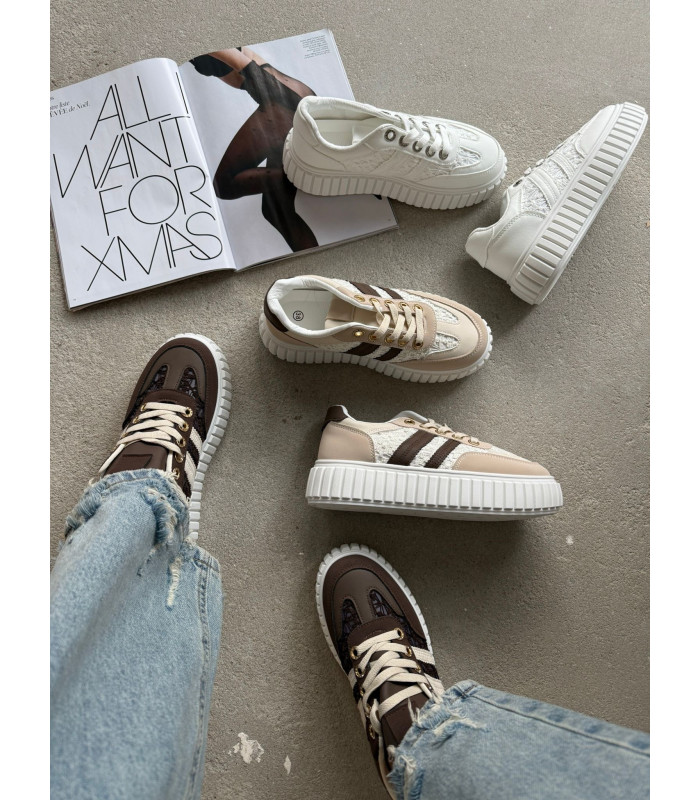 Sneakersy Na Platformie Z Koronką Brązowe