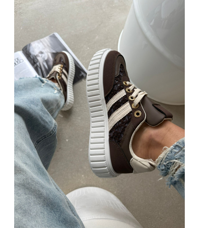 Sneakersy Na Platformie Z Koronką Brązowe