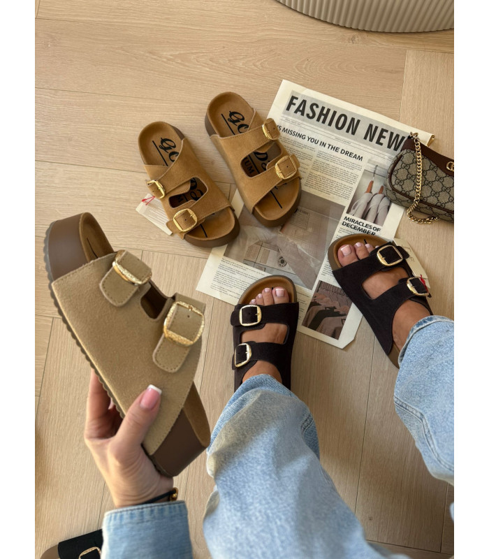 Skórzane Klapki Na Platformie Beż