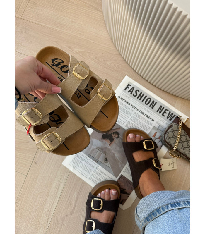 Skórzane Klapki Na Platformie Beż