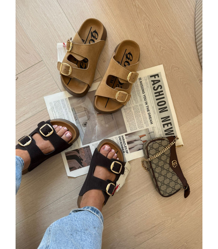 Skórzane Klapki Na Platformie Camel