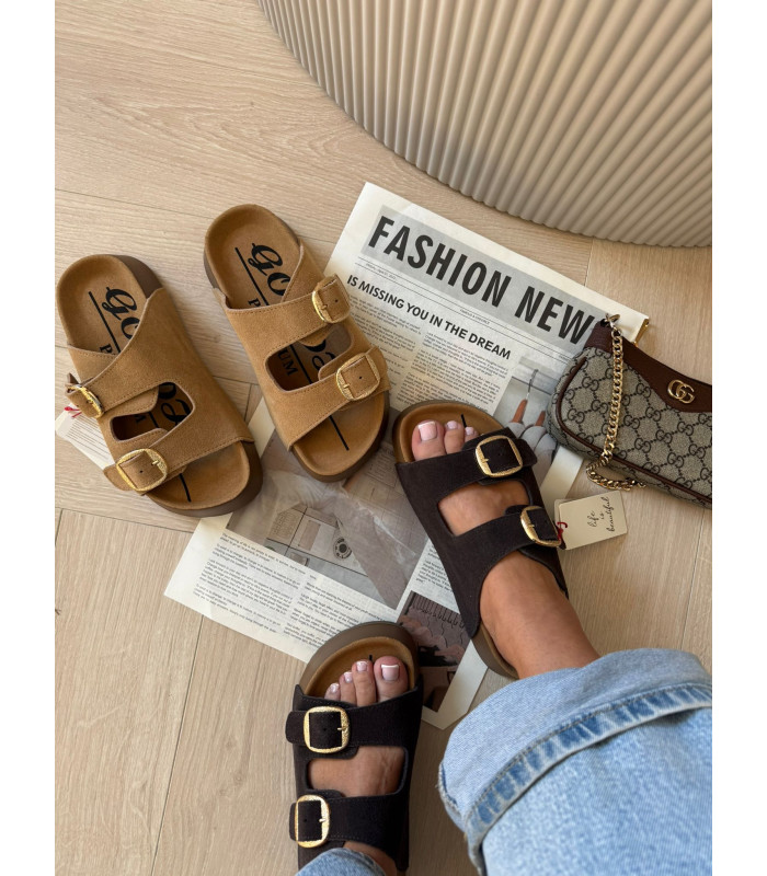 Skórzane Klapki Na Platformie Camel