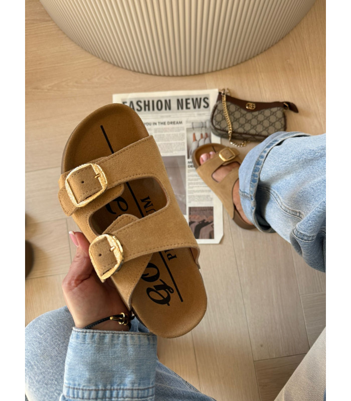 Skórzane Klapki Na Platformie Camel