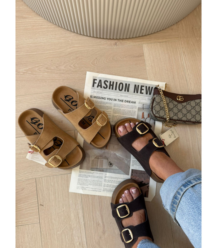 Skórzane Klapki Na Platformie Camel