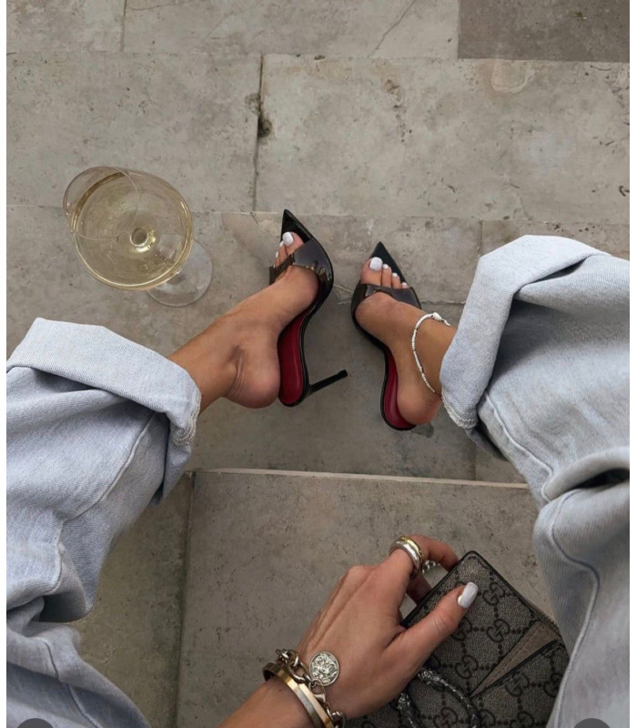 Klapki Camila  Czarne Lakier Na obcasie