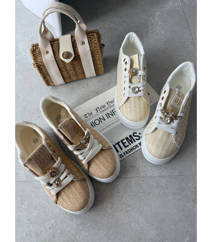 Słomkowe Karmelowe Trampki Na Platformie