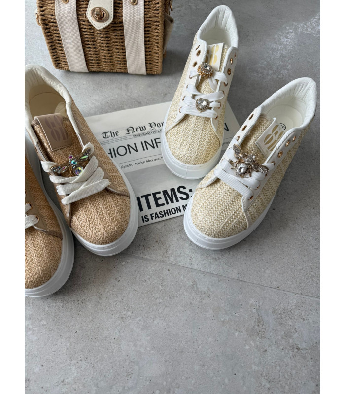 Słomkowe Karmelowe Trampki Na Platformie