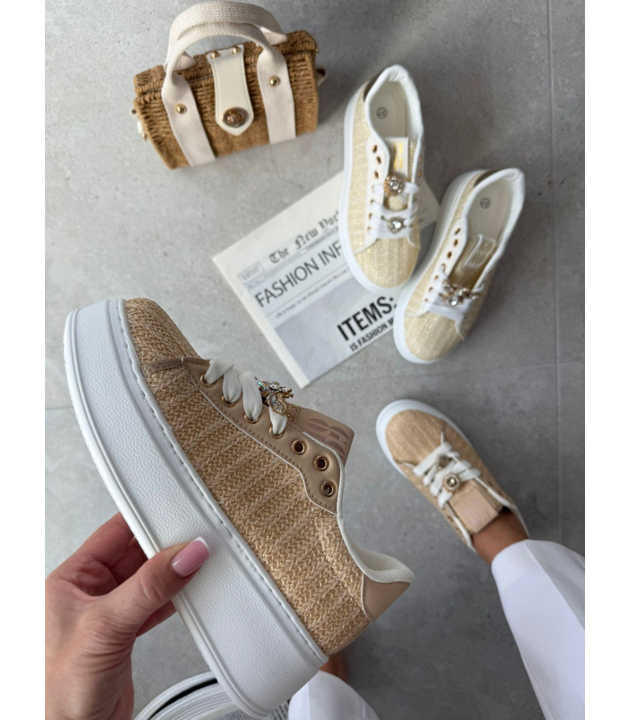 Słomkowe Karmelowe Trampki Na Platformie