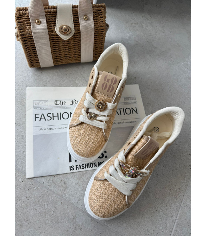 Słomkowe Karmelowe Trampki Na Platformie