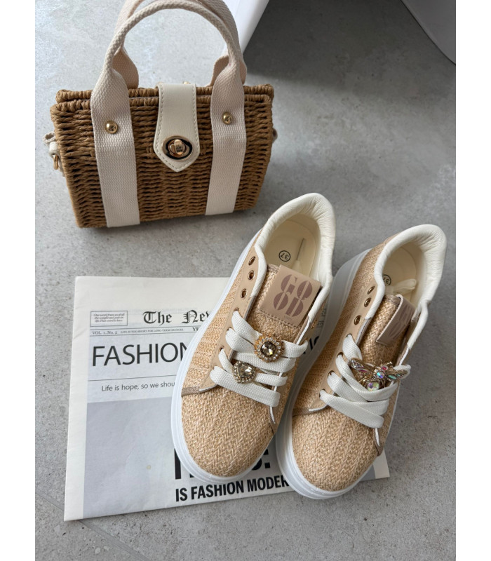 Słomkowe Karmelowe Trampki Na Platformie