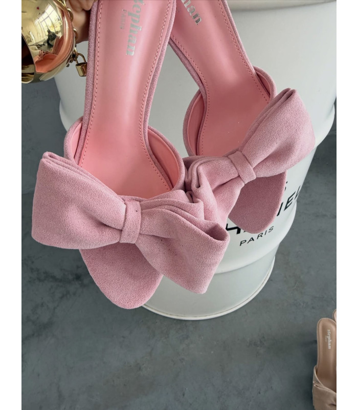 Kokardki Różowe Klapki na Obcasie