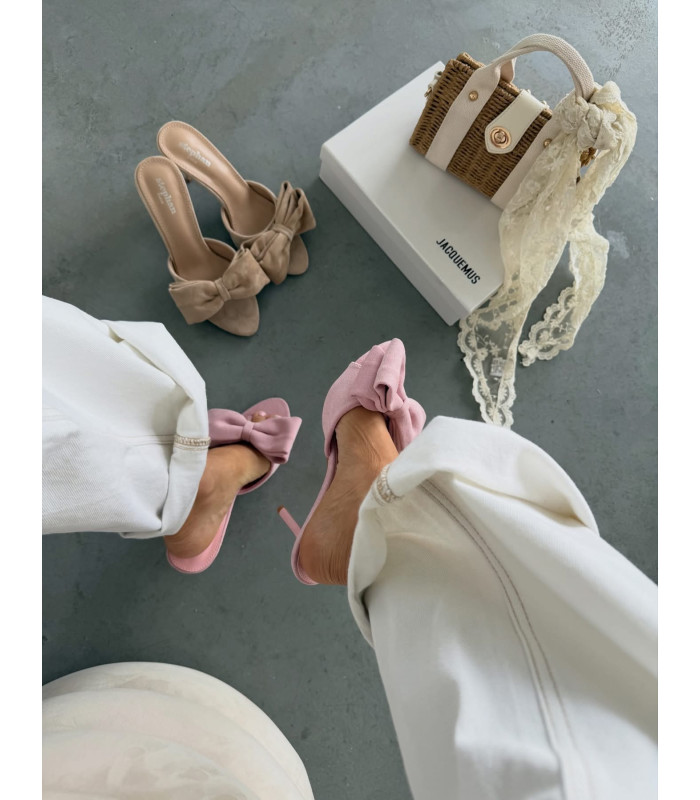 Kokardki Beżowe Klapki na Obcasie