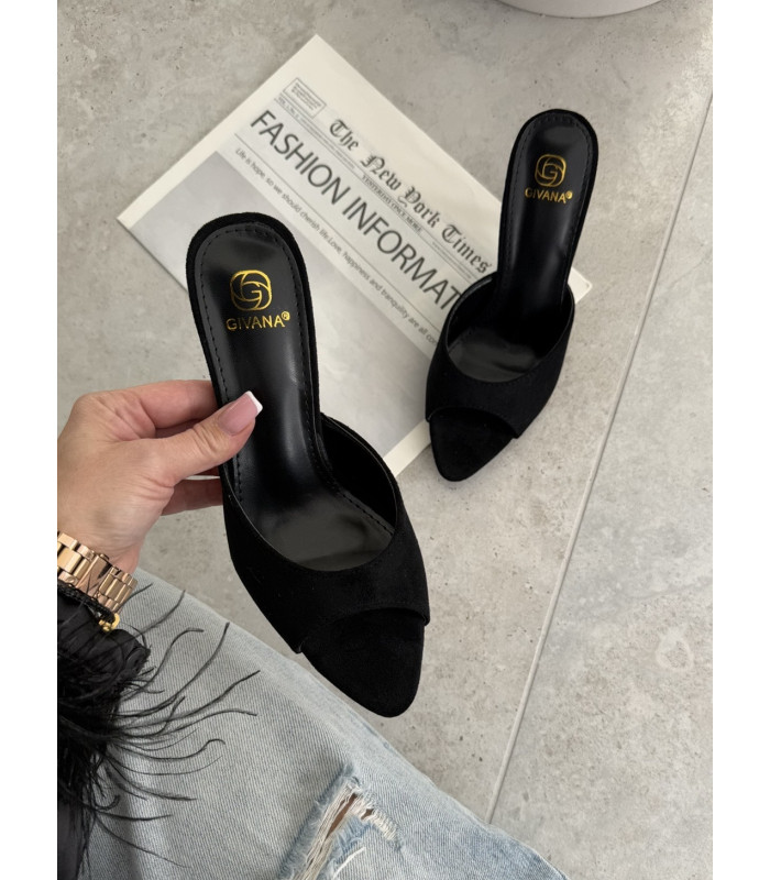 Klapki Camila Na Obcasie Czarne zamsz